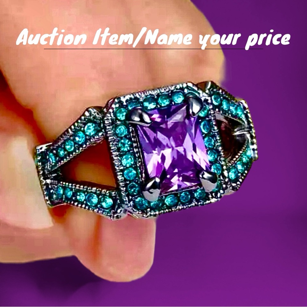 💝Oversized Purple Amethyst accented blue AAA Black Gold Rhodium Ring - Picture 3 of 4